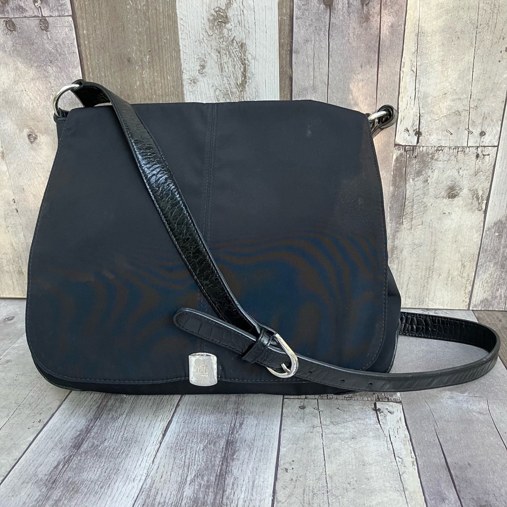 Lauren Ralph Lauren Messenger Bag Large Black Nylon Croc‎ Trim Good Crossbody